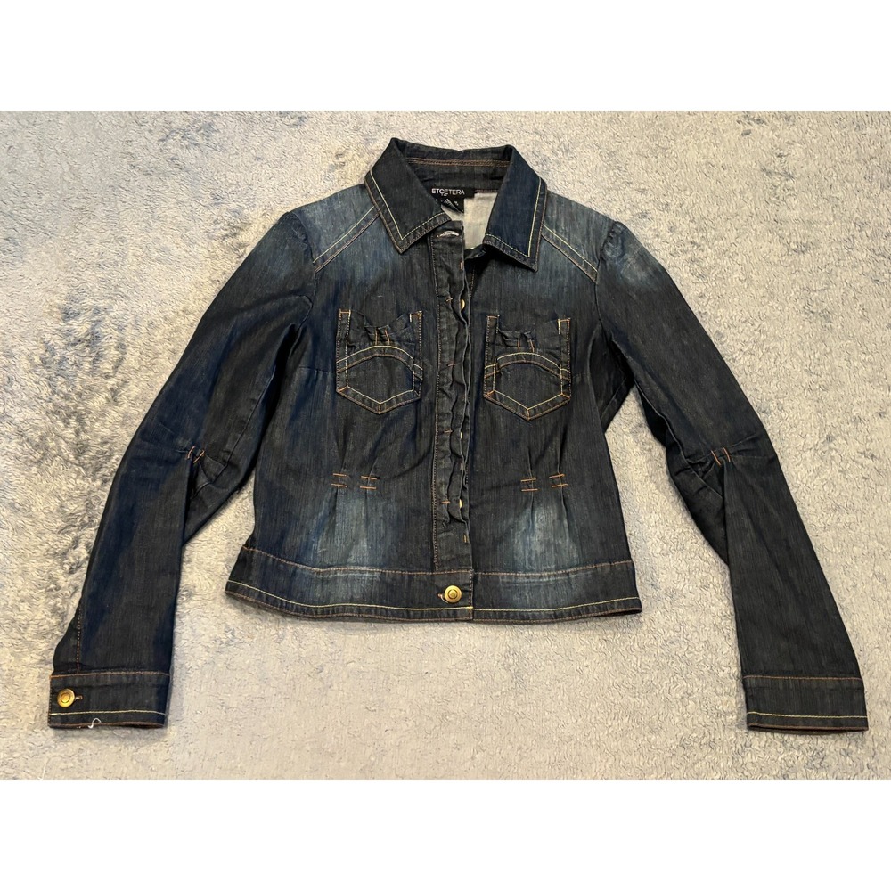 Etcetera Jean Jacket Woemns 4 Dark Wash Blue Denim Ruffle Button Front Cotton